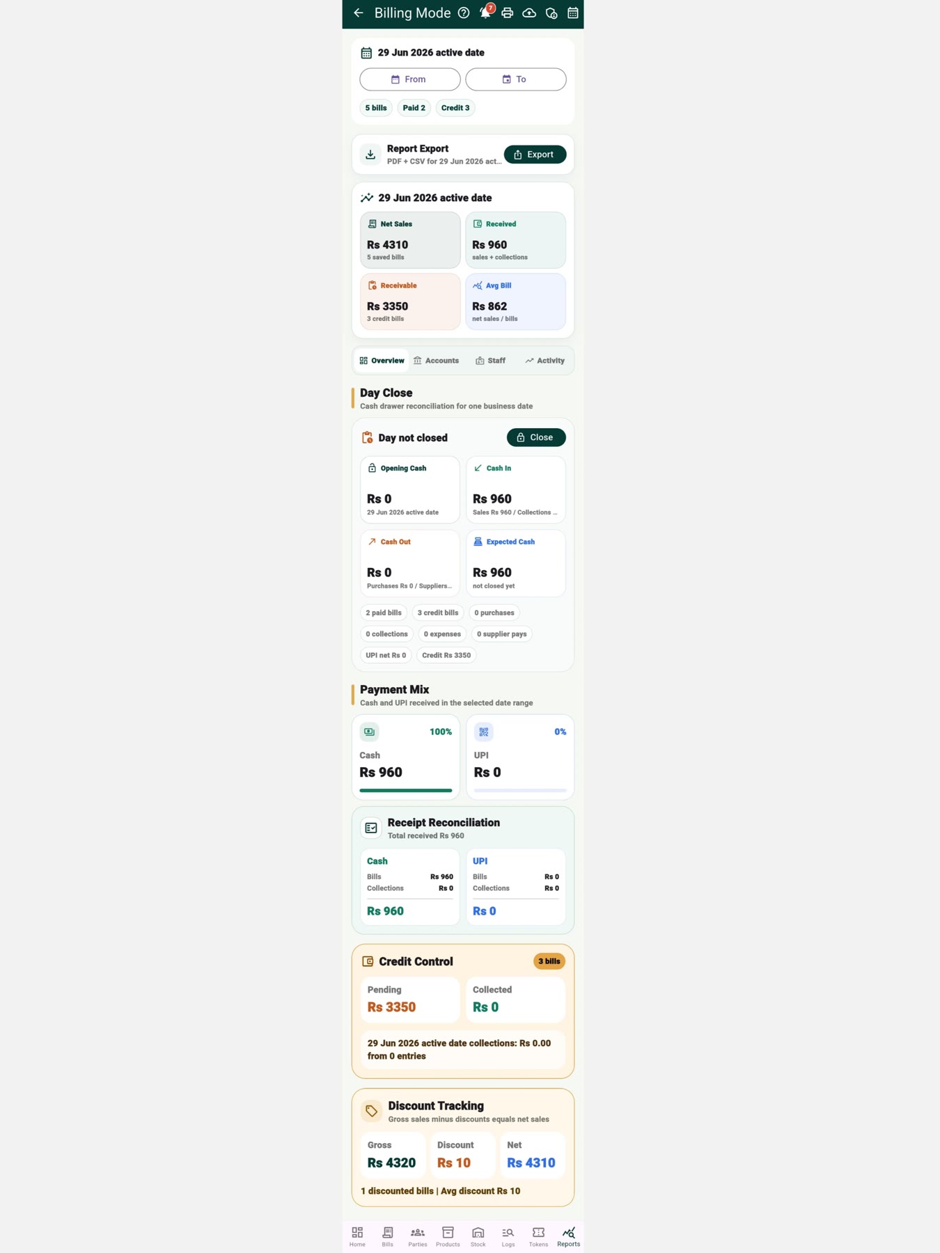 Tokaro Billing Android reports overview