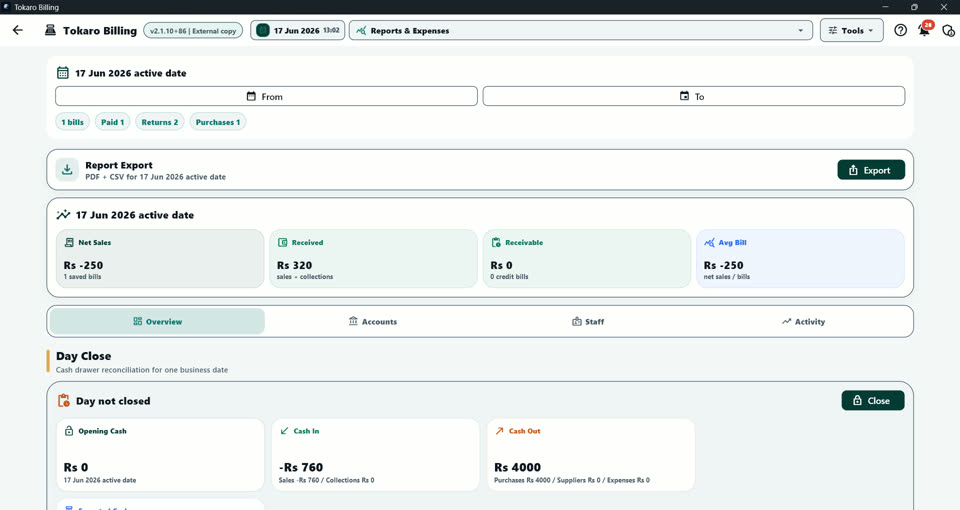 Tokaro Billing PC reports overview