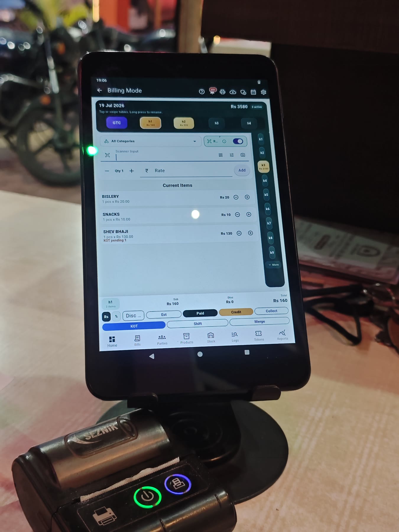 Tokaro Billing on an Android tablet with a thermal printer at an active business