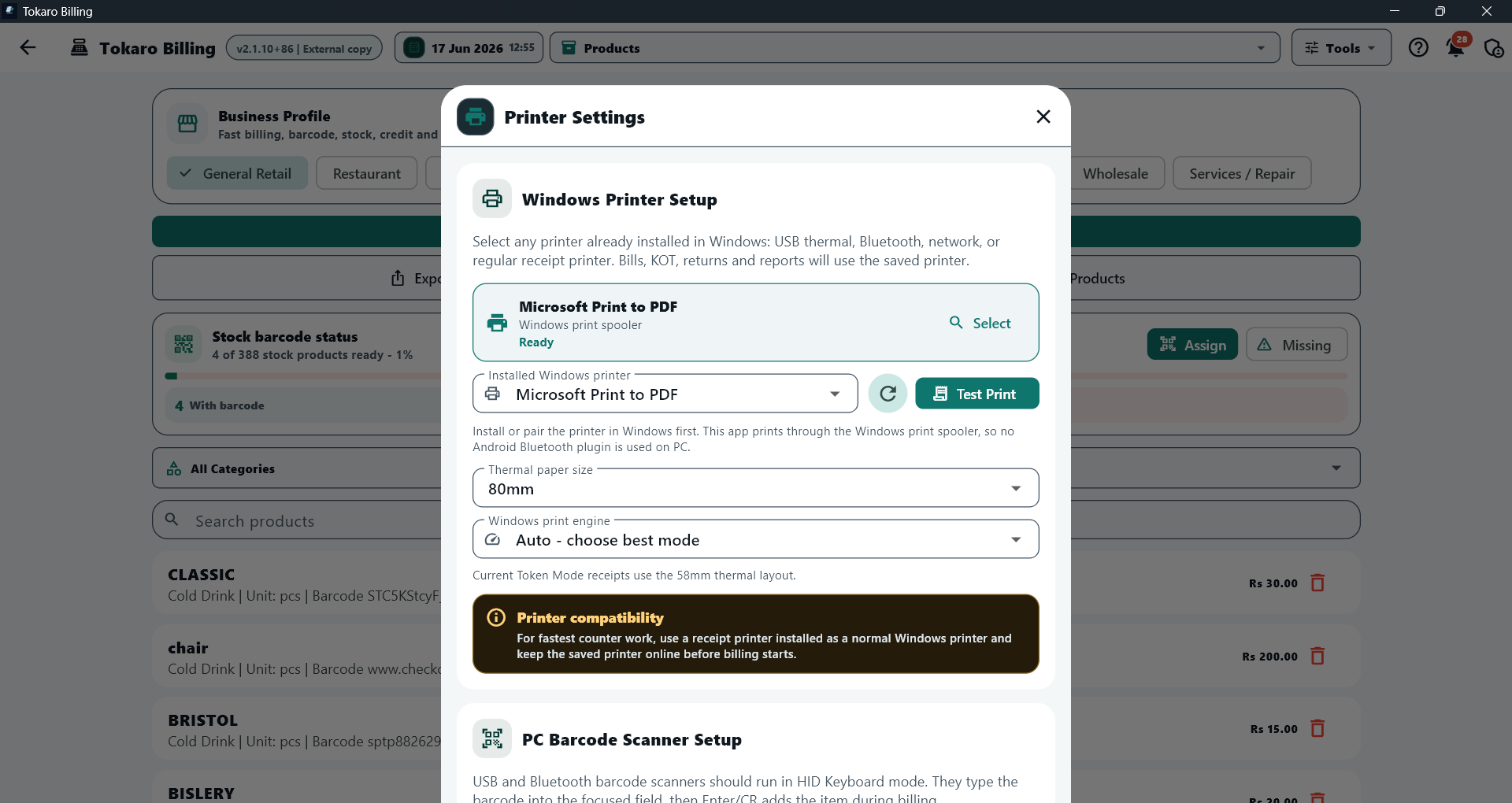 Tokaro Billing printer settings with Windows printer setup and test print button