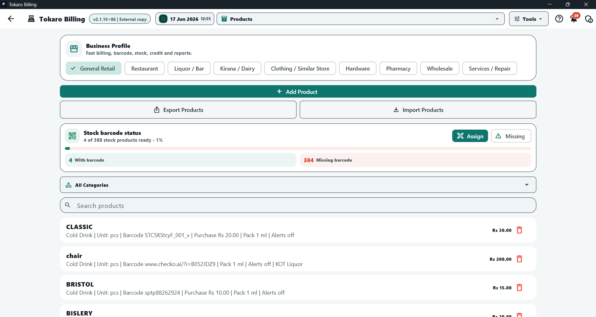 Tokaro Billing grocery products screen with product list, barcode values and stock barcode status