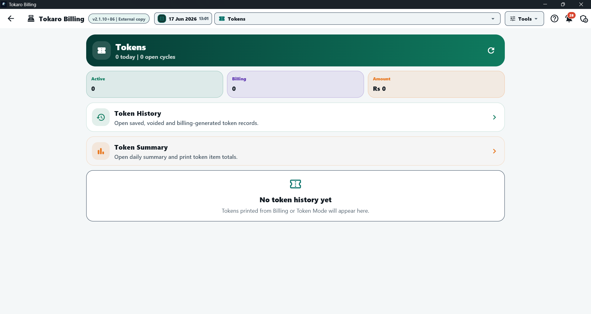 Tokaro Billing token workflow screen for counter token billing